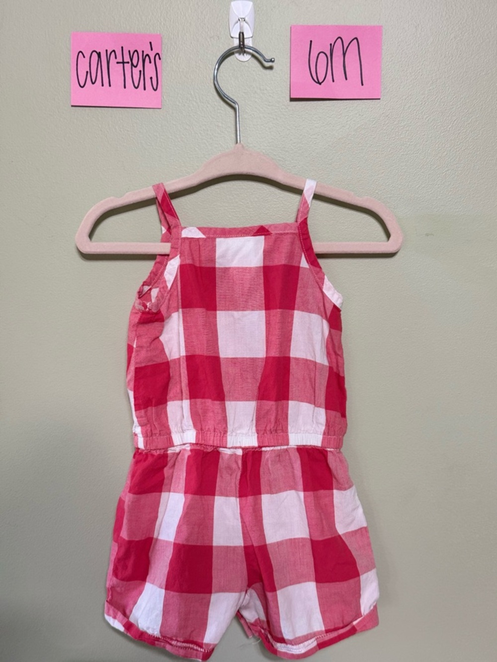 NWOT Carter's Hot Pink & White Gingham Plaid Sleeveless Baby Romper, 6 Months - Picture 2 of 2